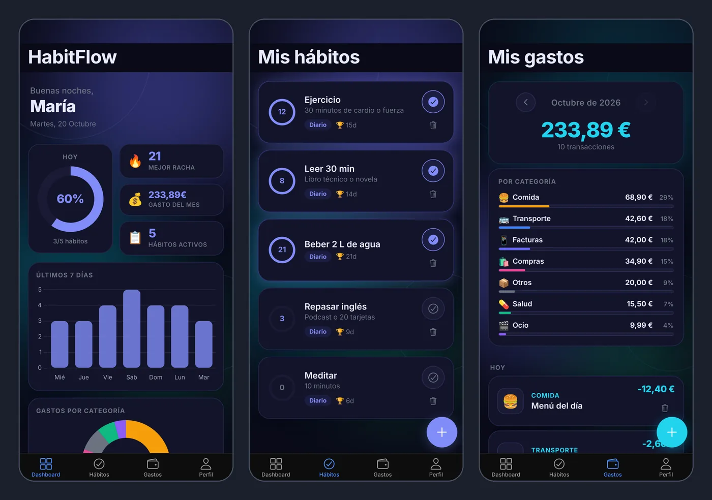 Three HabitFlow app screens: home with today's progress and a weekly chart, habit list with streaks, and monthly expenses by category